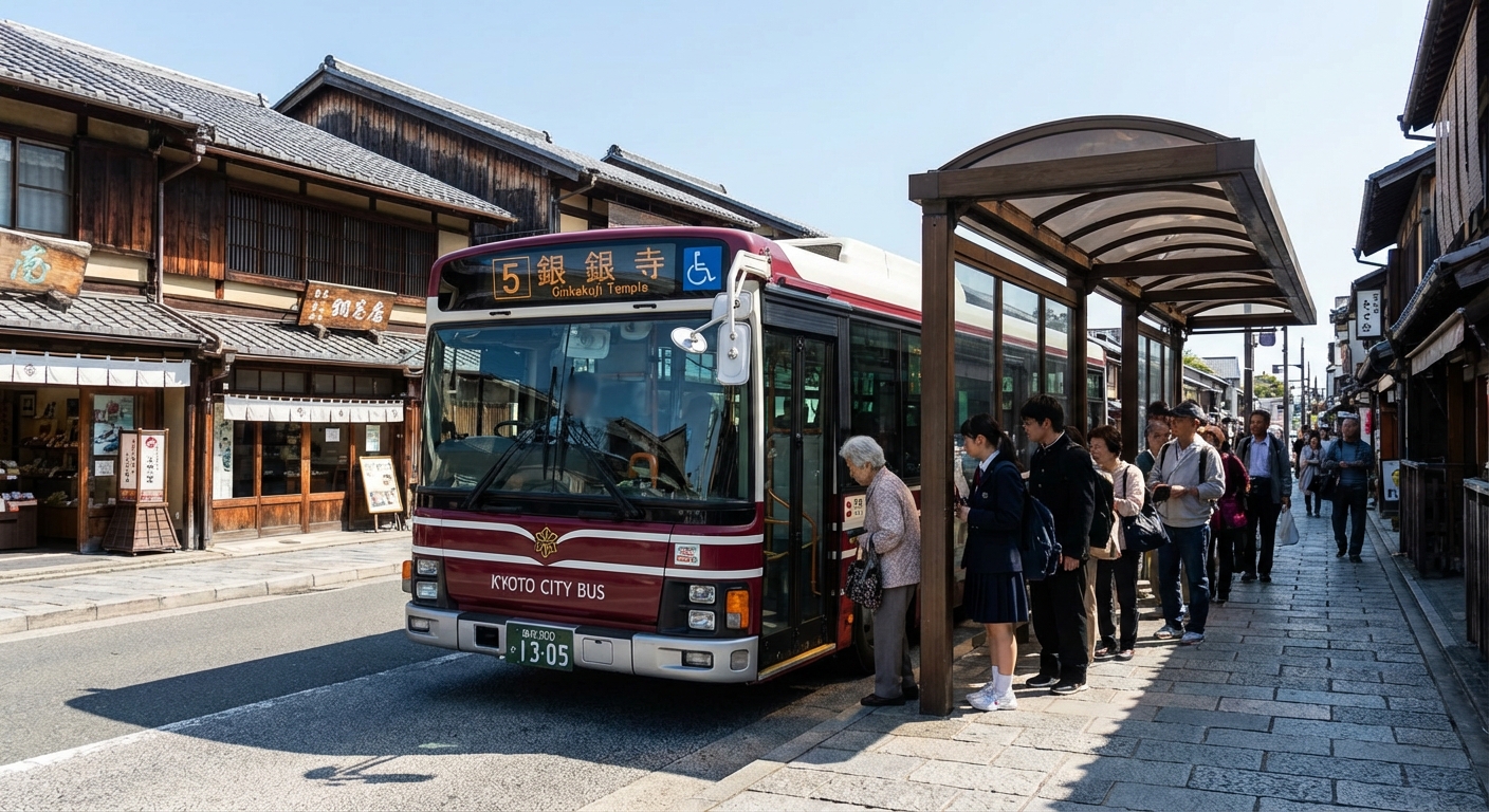 A Kyoto city bus stopped at a curbside bus stop with route signage visible, passengers boarding in an orderly line, and traditional low-rise buildings in the background on a clear daytime street, photorealistic travel photography