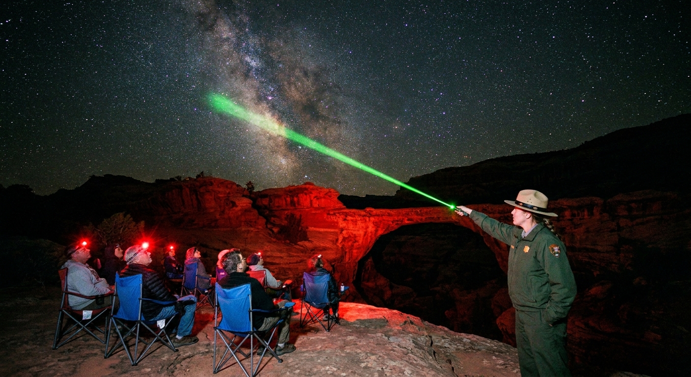 A National Park Service ranger pointing a green laser at constellations during a night sky talk with visitors seated on folding chairs at Natural Bridges National Monument
