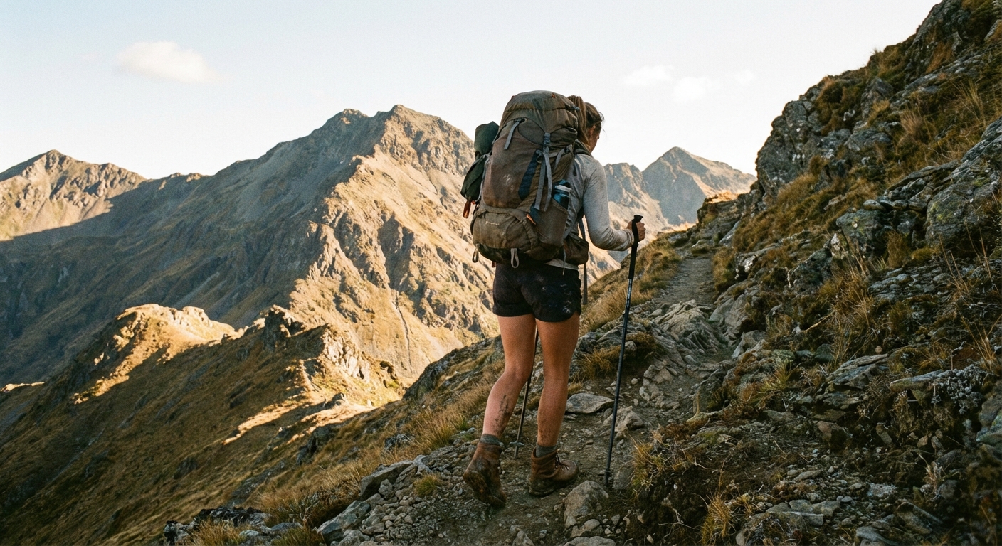 A backpacker wearing sturdy hiking boots walking uphill on a narrow mountain trail with a large backpack, late afternoon light and rugged terrain, photorealistic adventure travel photography