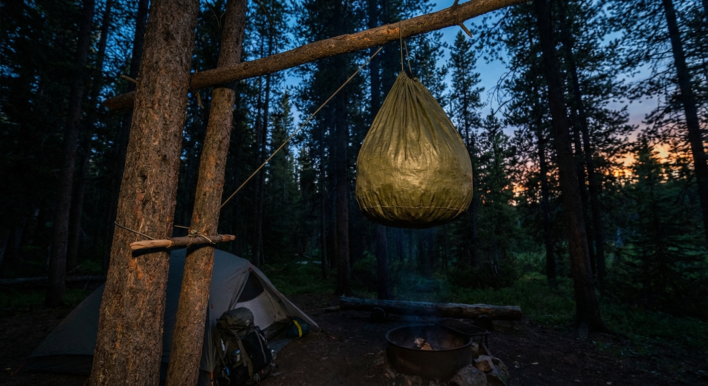A backpacking food bag hanging from a high tree branch in a forest campsite at dusk, with the line tied using a simple toggle system