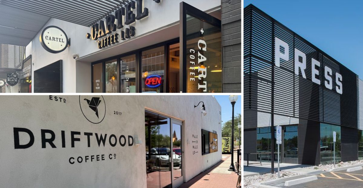 A barista preparing espresso at a small Tucson coffee shop with warm morning light coming through the window, real candid photo
