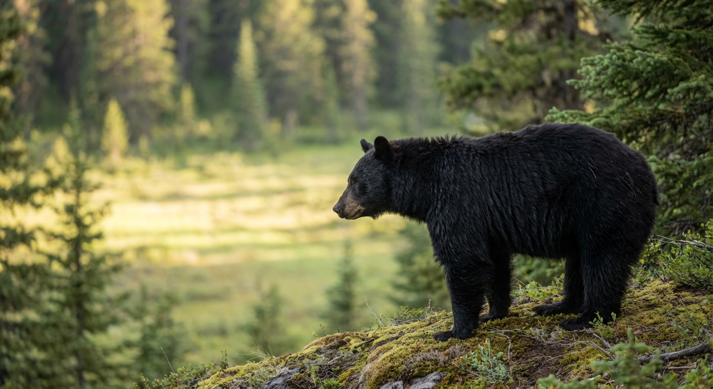A black bear standing on a forest edge in side profile with no shoulder hump and a straighter facial profile, natural light wildlife photo