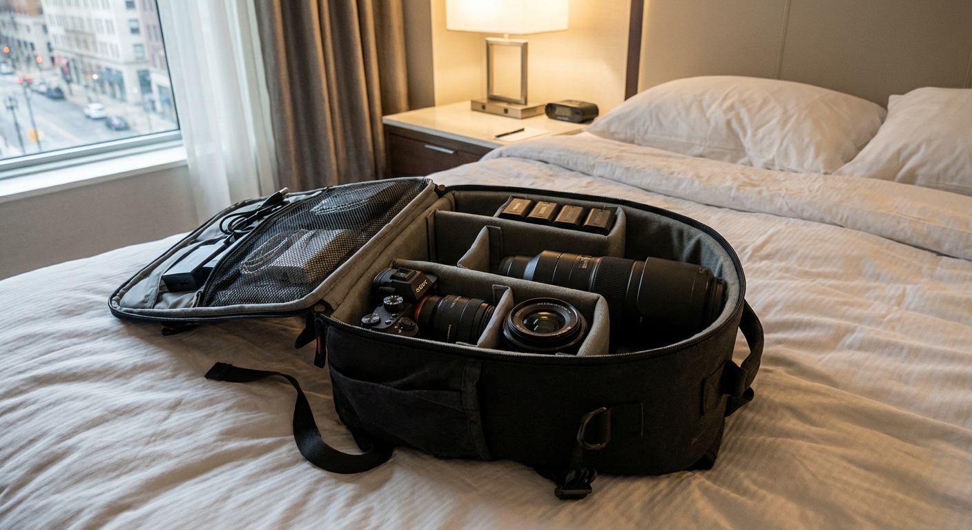 A black camera backpack opened on a hotel bed with neatly arranged camera body, two lenses, and batteries in padded dividers, photorealistic travel gear photography