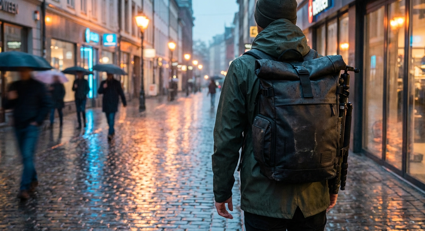 A black roll-top camera backpack worn by a traveler on a rainy city sidewalk at dusk, with streetlights reflecting on wet pavement, photorealistic urban travel photography