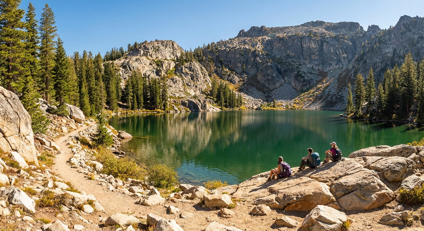 A bright green alpine lake surrounded by steep granite cliffs and evergreen trees, with a narrow trail along the shoreline and a few hikers resting on rocks, photorealistic