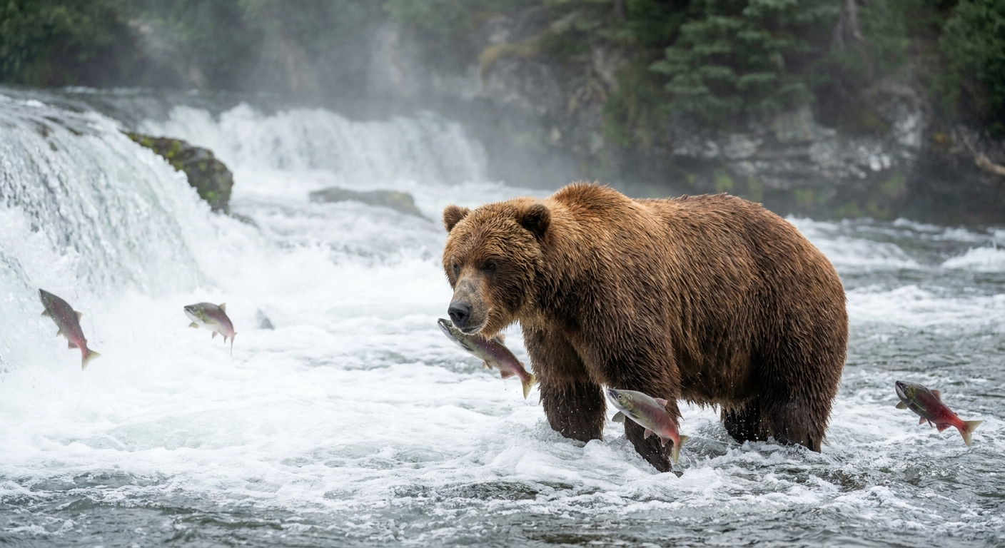 A brown bear standing in the rushing water below Brooks Falls in Katmai, with salmon leaping nearby and mist rising from the falls, telephoto wildlife photo