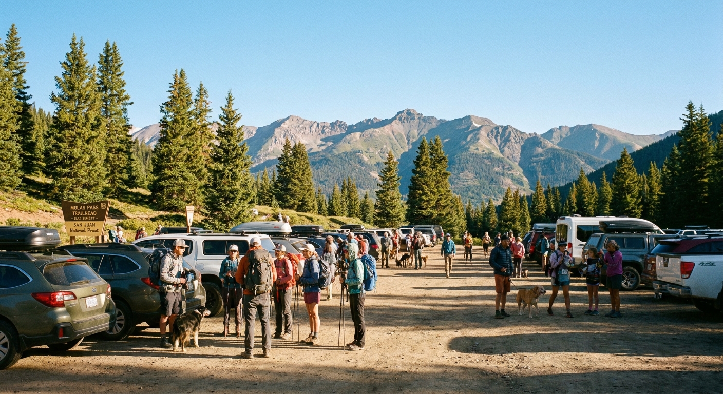 A busy morning at an alpine trailhead near Silverton with multiple parked vehicles and hikers gearing up with backpacks and trekking poles under clear blue skies