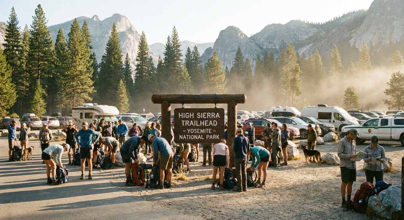 A busy national park trailhead parking area in the morning with hikers adjusting backpacks near a wooden trail sign and pine trees, photorealistic outdoor travel photography