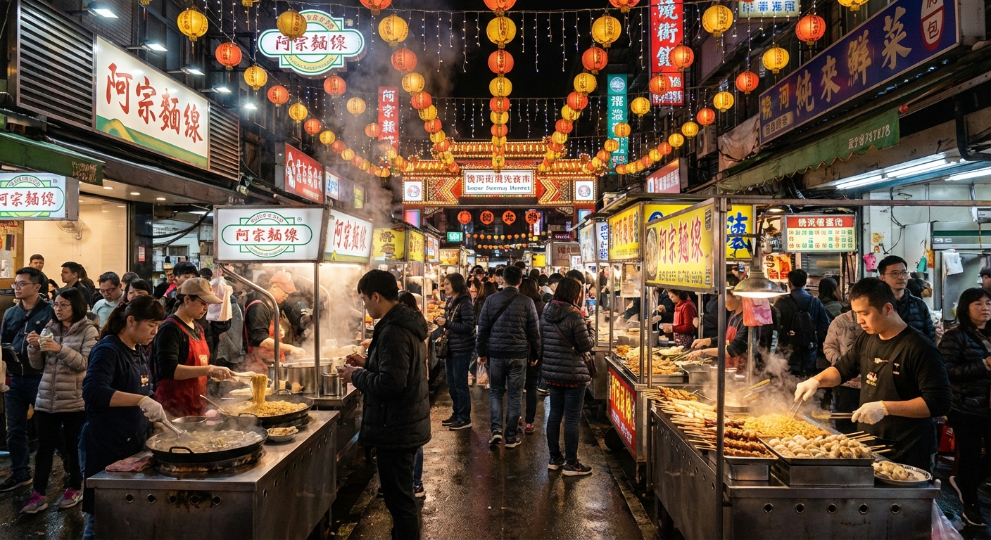 A busy night market aisle with food stalls on both sides, hanging lights, and people walking through.