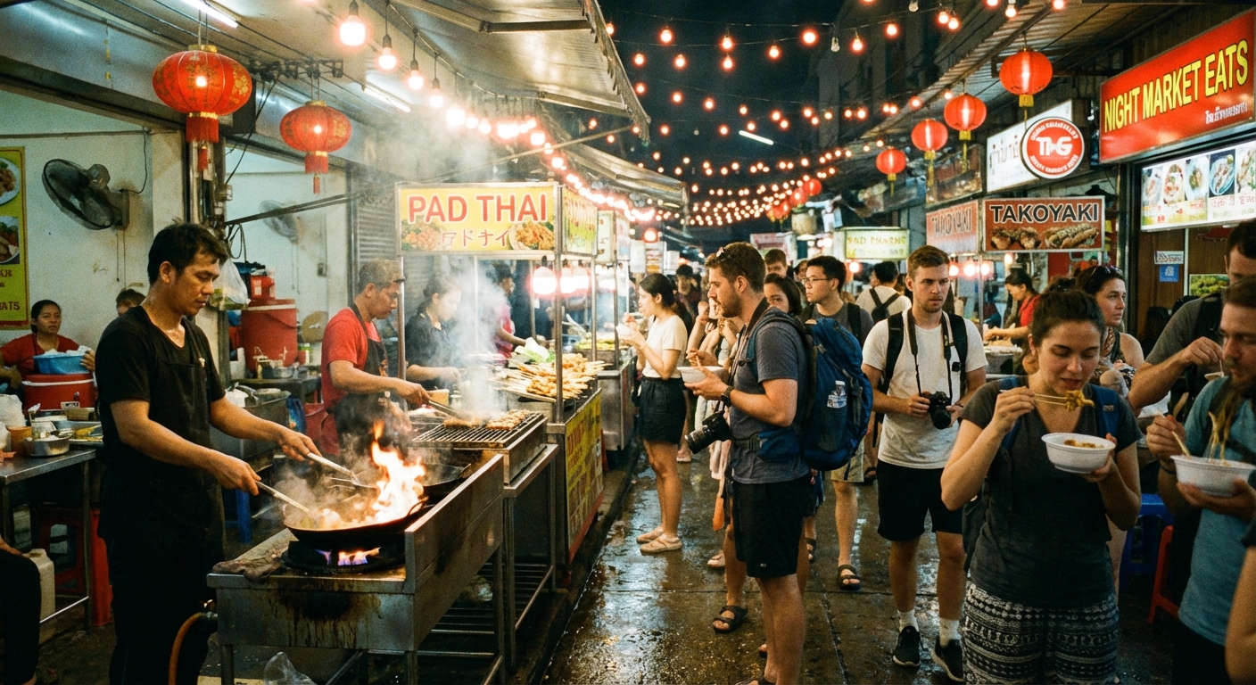 A busy night market lane with vendors cooking at food stalls as travelers order street food under warm hanging lights in the evening.