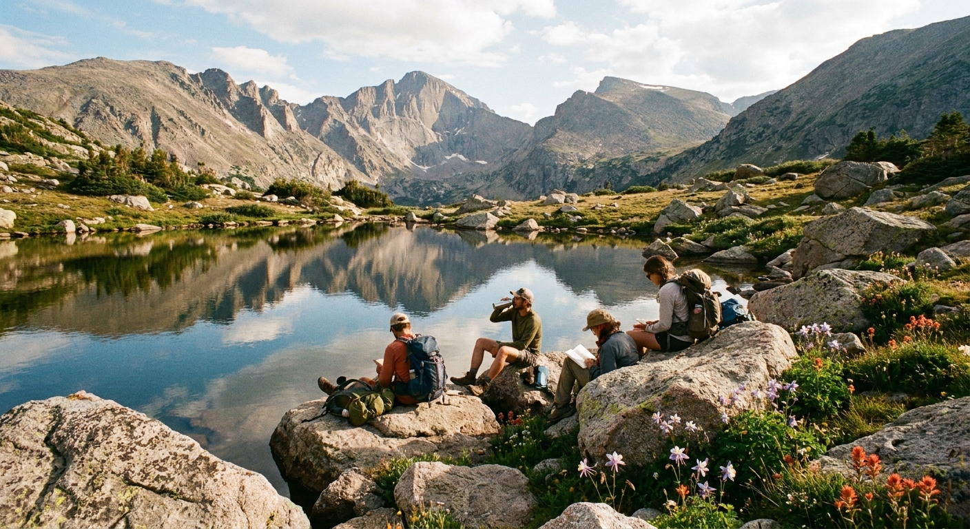 A calm alpine lake in Rocky Mountain National Park on an August afternoon, reflecting surrounding peaks with a few hikers resting on shoreline rocks