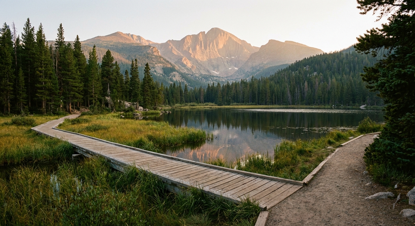 A calm lake with a boardwalk and dirt path along the shore at Lily Lake in Rocky Mountain National Park, with Longs Peak and pine forest in the background under soft afternoon light, photorealistic landscape photography