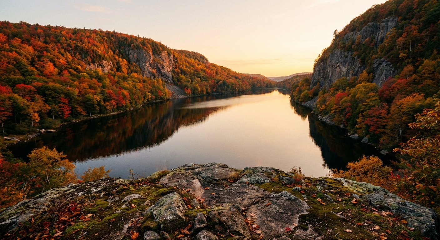 A calm mountain lake framed by steep cliffs and dense red and orange autumn forest, viewed from a rocky overlook with soft afternoon light reflecting on the water, photorealistic scene