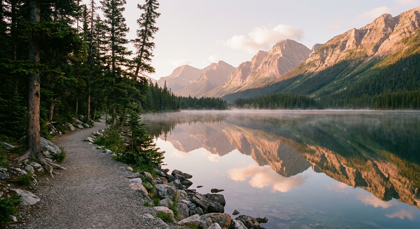 A calm mountain lake with a gravel walking path along the shore, pine trees framing the water, and tall Rocky Mountain peaks reflected on the surface, early morning light, photorealistic