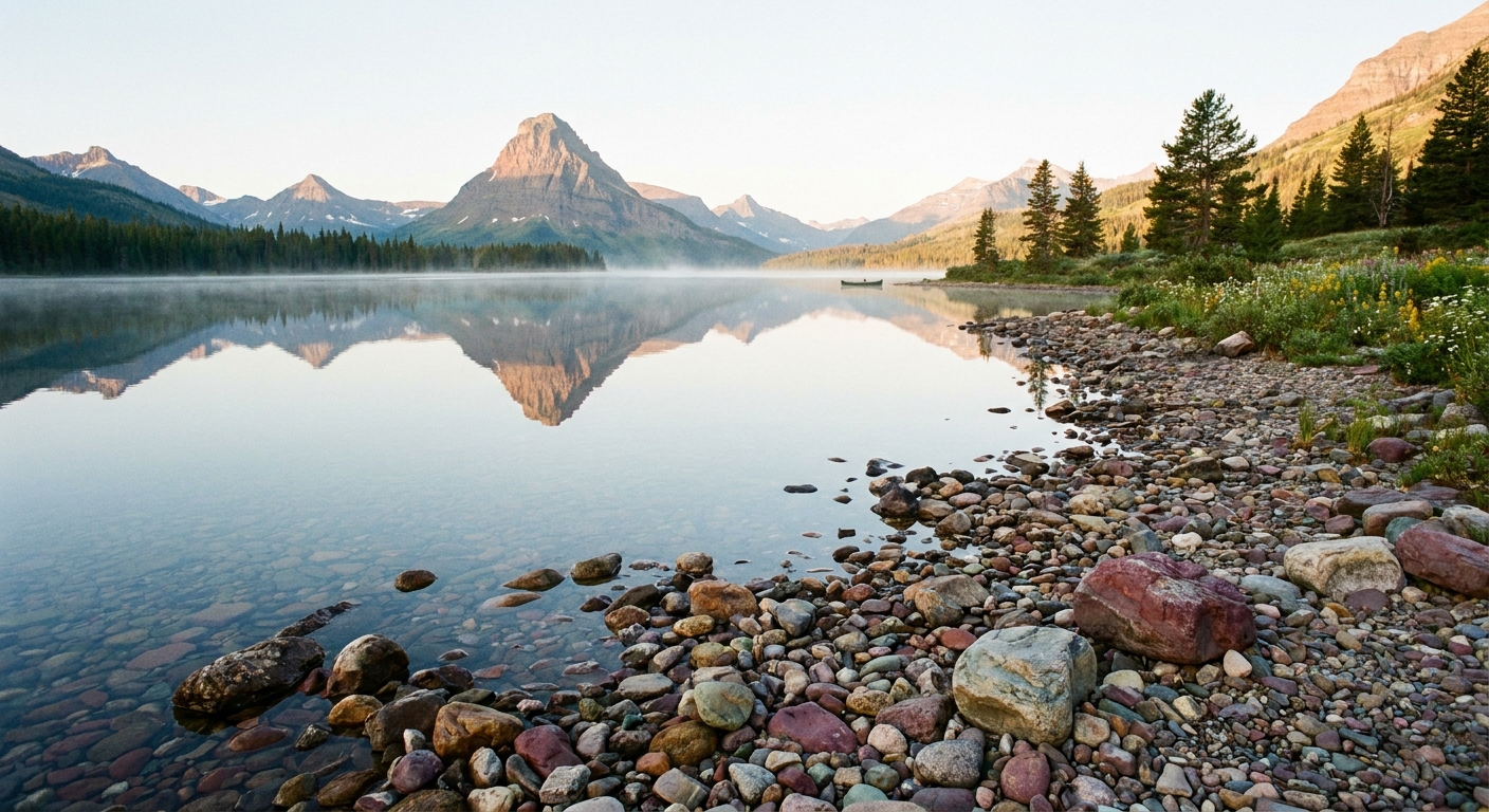 A calm summer morning on Two Medicine Lake with a rocky shoreline in the foreground, glassy water, and mountain peaks reflected in the lake, real photograph