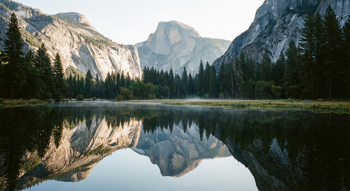 A calm water scene at Mirror Lake reflecting Half Dome, with pine trees along the shoreline and smooth granite walls rising behind