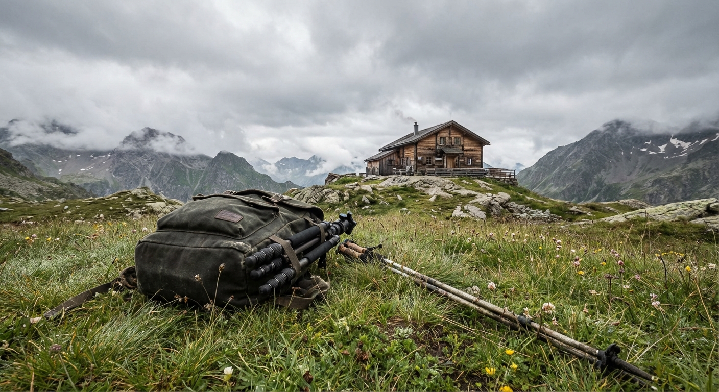 A camera backpack resting on alpine grass beside trekking poles, with a mountain hut in the distance and overcast skies, photorealistic outdoor travel photography