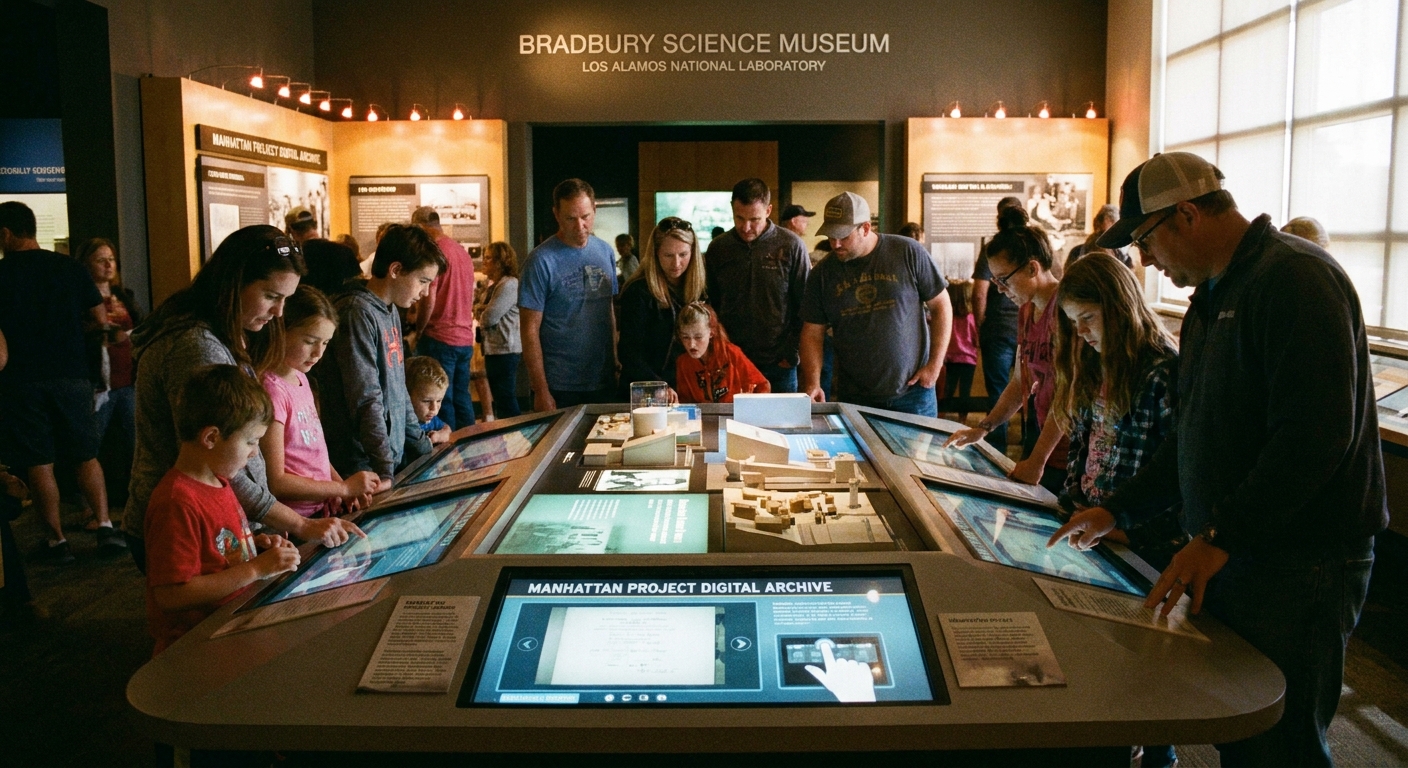 A candid indoor photo of visitors viewing an interactive science exhibit at the Bradbury Science Museum in Los Alamos, with display lighting and museum signage in the background
