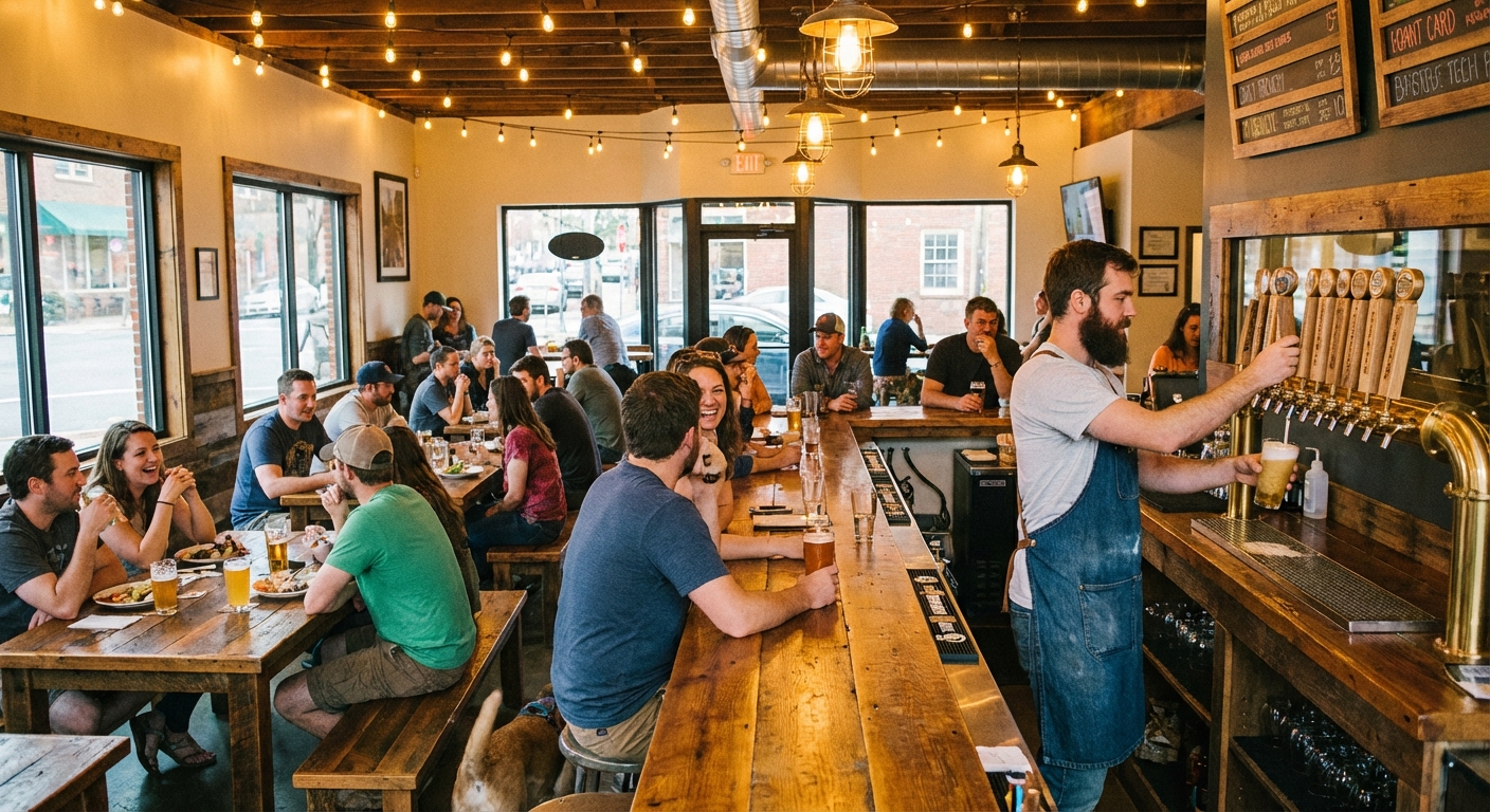 A candid indoor photograph of a craft brewery taproom in Asheville with wooden tables, warm lighting, and a bartender pouring beer behind a row of taps, travel lifestyle photography