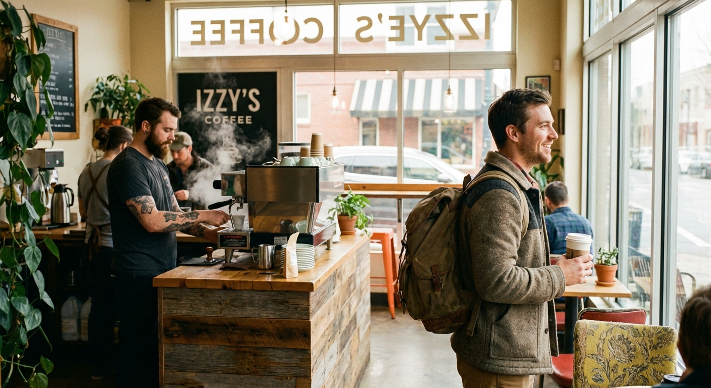 A candid photograph inside a cozy Asheville coffee shop with a barista pulling an espresso shot behind the counter, warm window light, and a traveler holding a to-go cup in the foreground