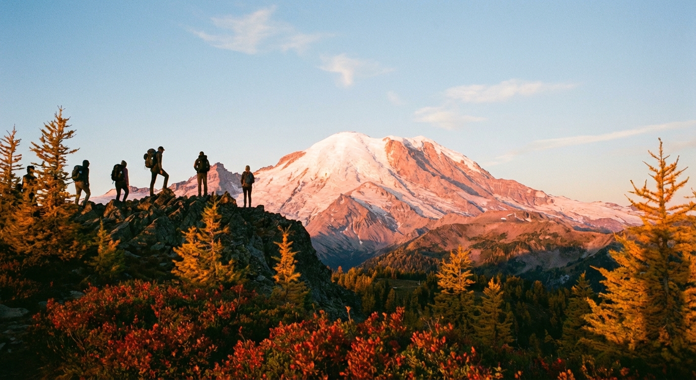 A clear early-fall photograph from Sourdough Ridge near Sunrise showing hikers silhouetted on a ridgeline during sunset light with Mount Rainier glowing in the background