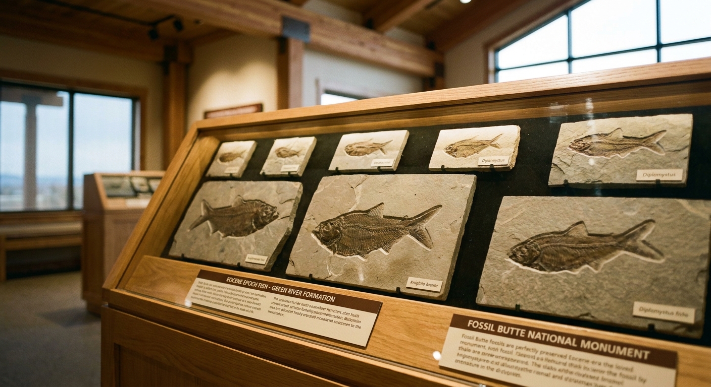 A close-up museum-style photo of fossil fish slabs displayed inside the Fossil Butte National Monument visitor center with soft indoor lighting