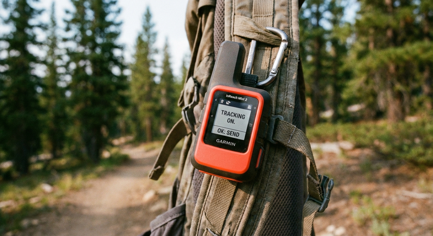 A close-up of a small handheld satellite messenger clipped to a backpack shoulder strap on a hiking trail, with pine trees in the background, photorealistic outdoor gear photography