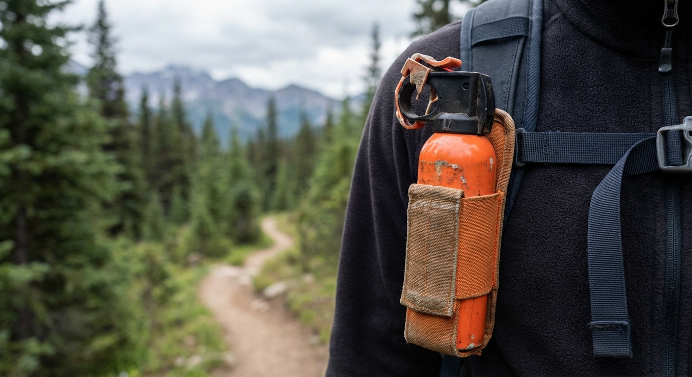 A close-up photo of a bear spray canister secured in a hiker's chest harness strap, with a mountain trail blurred in the background, natural light