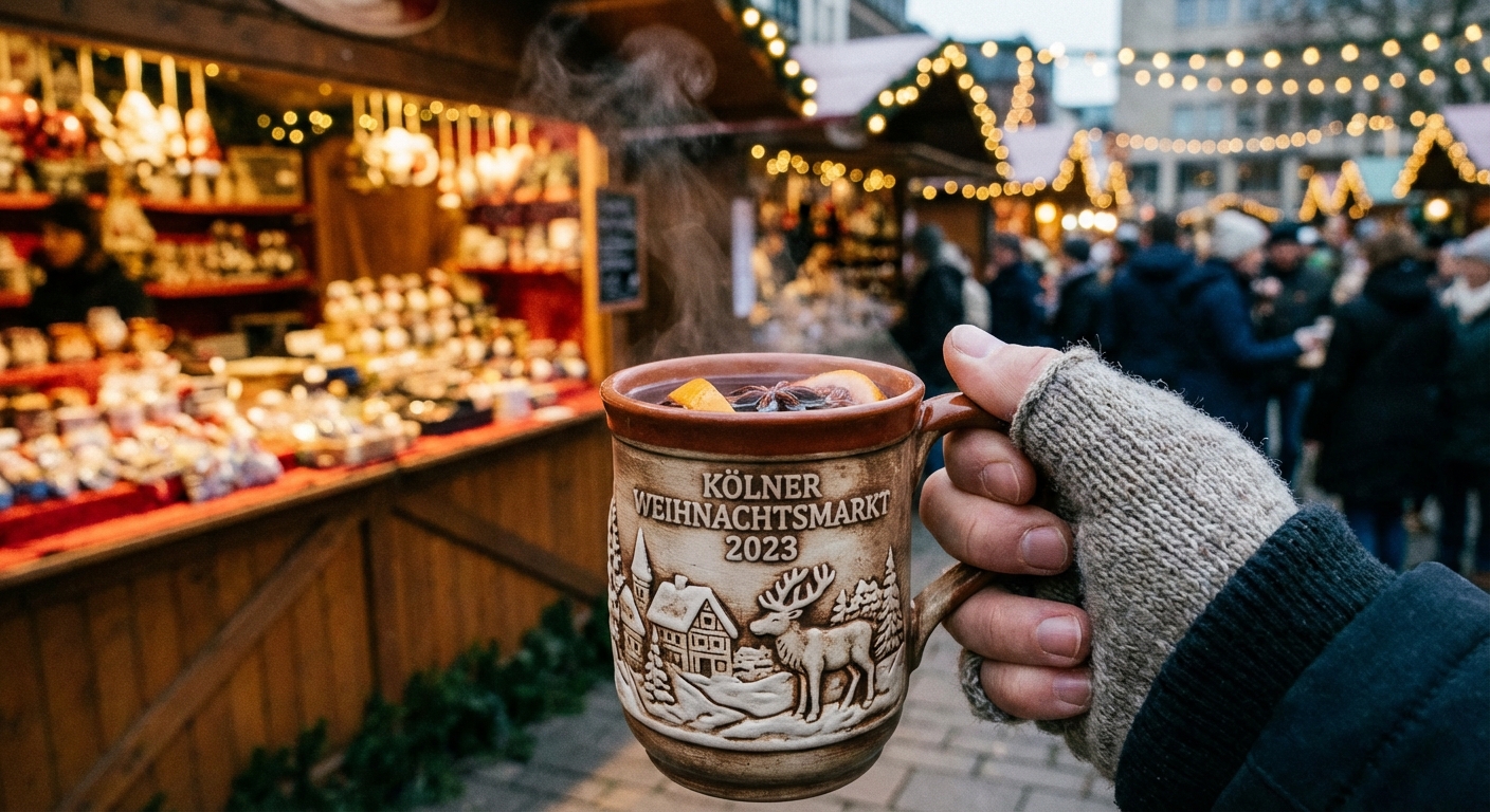A close-up photo of a hand holding a ceramic Christmas market mug filled with steaming mulled wine, with softly blurred wooden stalls and warm string lights in the background, photorealistic travel photography
