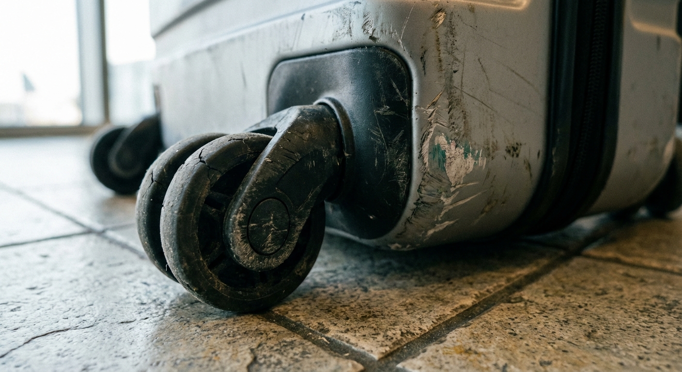 A close-up photo of a hard-shell carry-on suitcase wheel and corner scuffs on a tiled airport floor, showing real wear and travel use, photorealistic