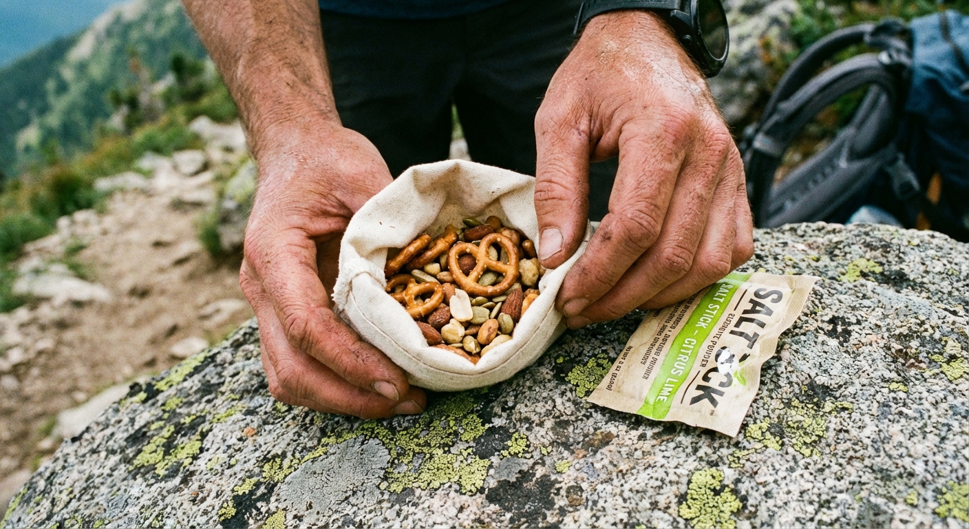 A close-up photo of a hiker’s hands holding a small bag of salty trail mix next to an electrolyte packet on a rock during a hike break