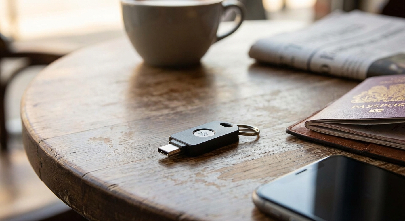 A close-up photo of a small USB-C and NFC hardware security key resting next to a smartphone and passport on a wooden café table, photorealistic travel lifestyle photography