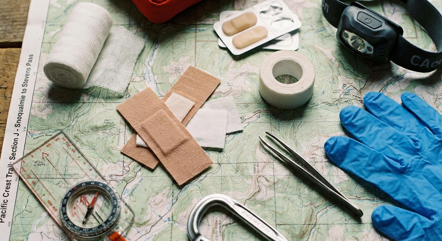 A close-up photo of bandages, gauze pads, medical tape, tweezers, and nitrile gloves arranged neatly on a backpacking map, outdoor travel gear flat lay, photorealistic