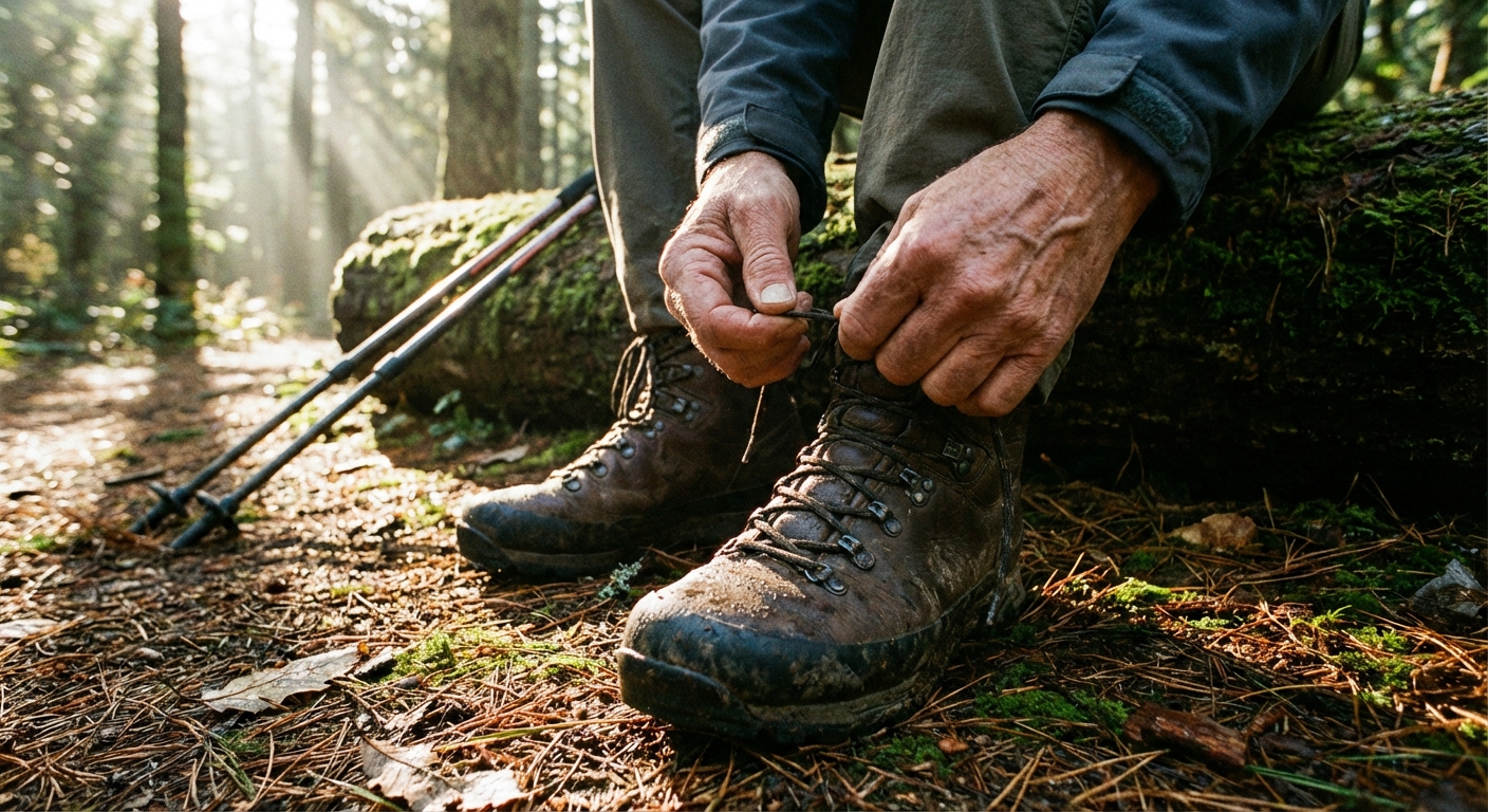 A close up photo of hands tying laces on hiking boots while sitting on a trail log, with trekking poles resting nearby and morning light filtering through trees, photorealistic