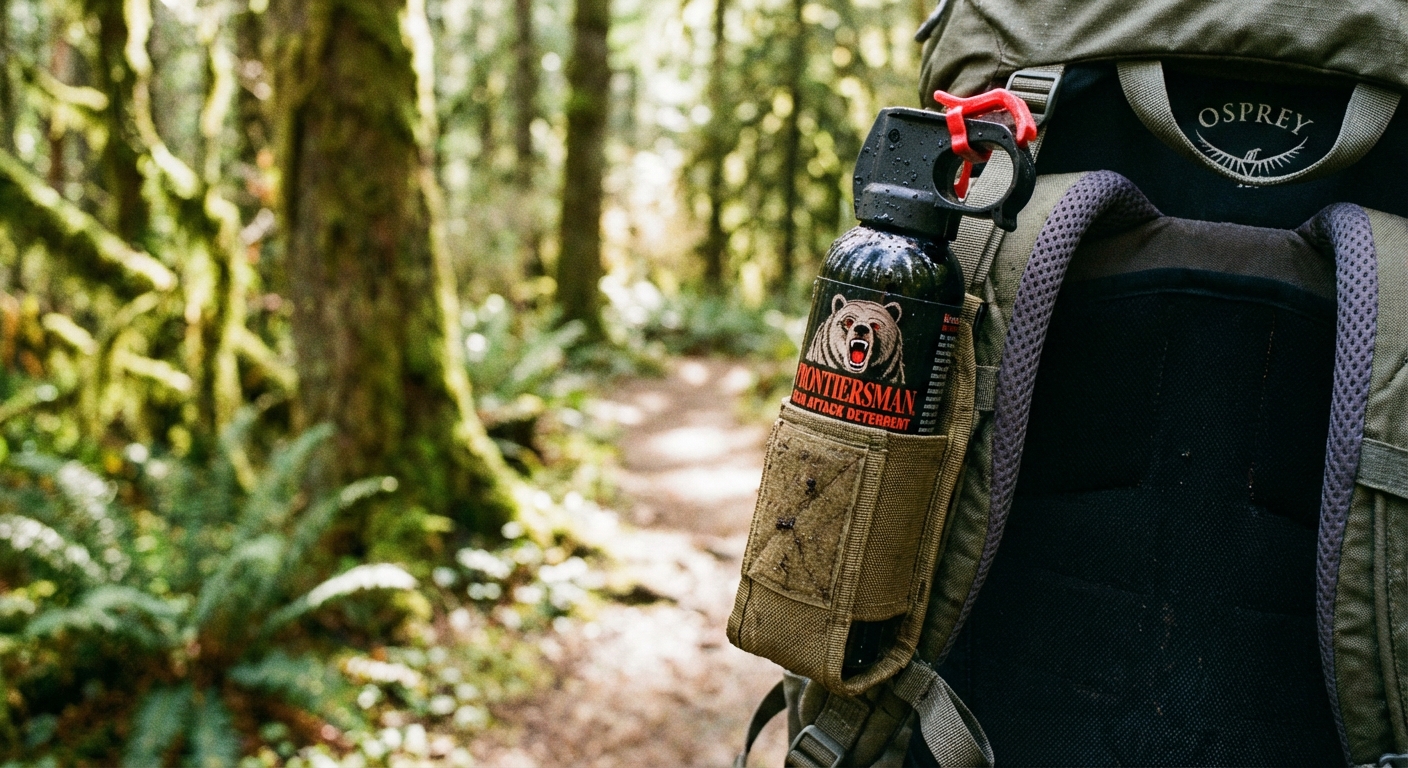 A close-up photograph of a bear spray canister secured in a holster on the shoulder strap of a hiking backpack, with a forest trail softly out of focus behind it, natural light, photorealistic