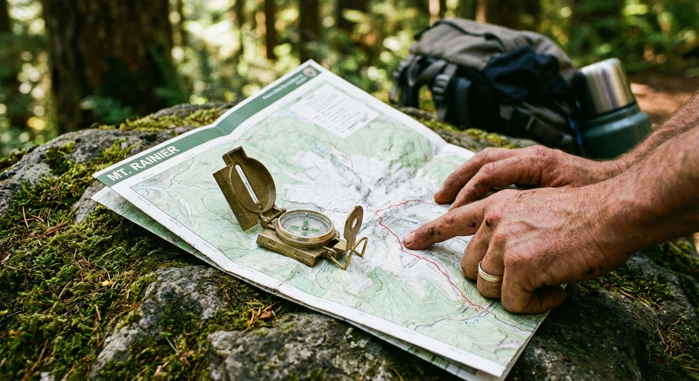 A close-up photograph of a folded topographic map on a rock with a compass placed on top, a hiker's hands pointing to a route line, natural outdoor lighting