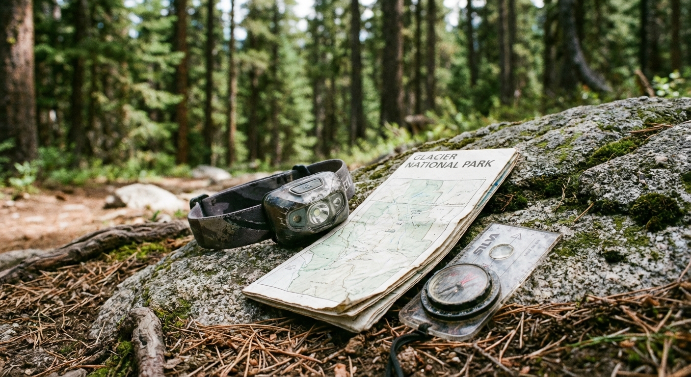 A close-up photograph of a headlamp, folded paper map, and compass laid on a rock beside a trail, with pine trees softly blurred in the background, natural daylight, photorealistic
