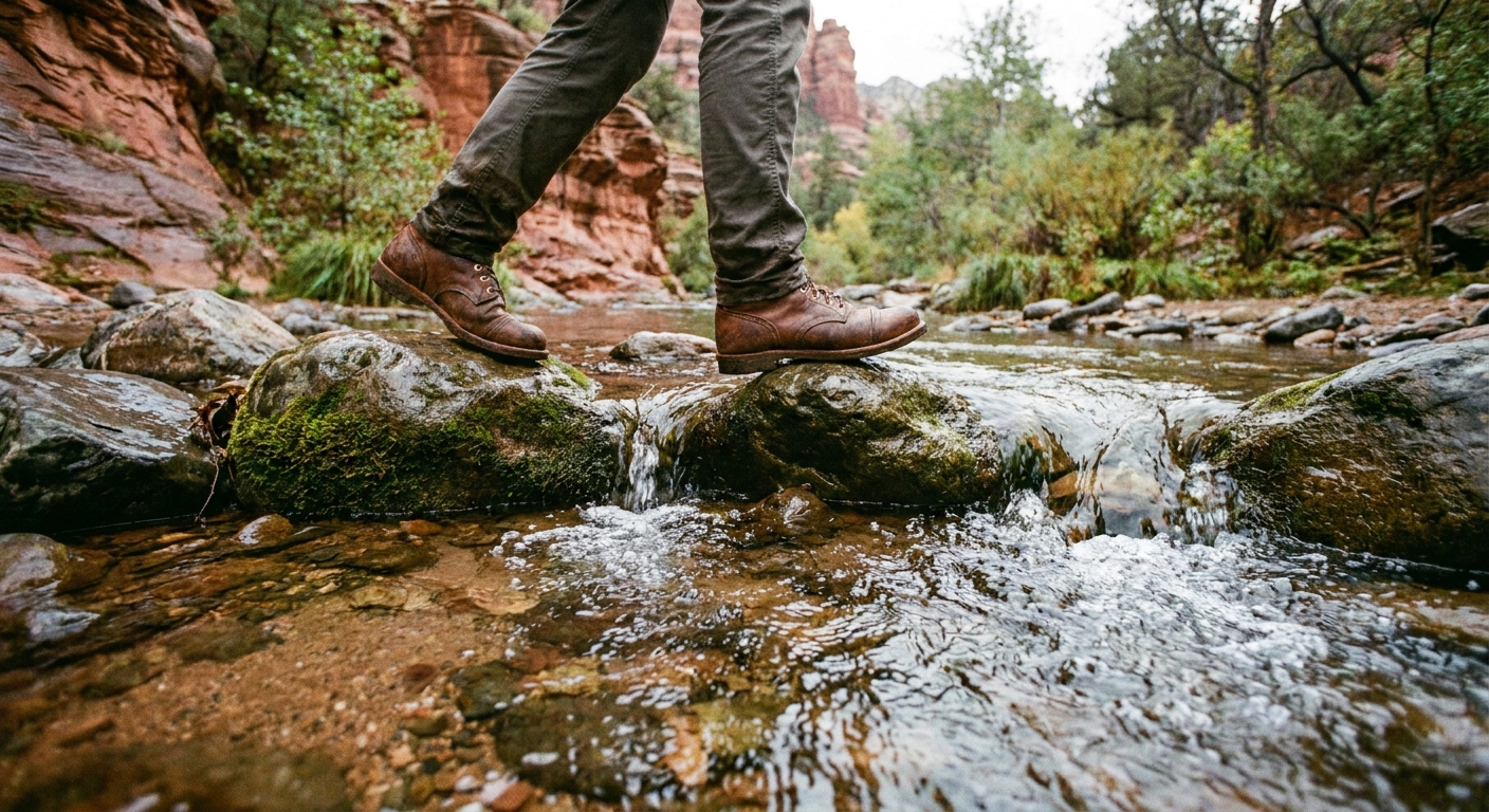 A close-up photograph of a hiker carefully stepping across wet rocks in Oak Creek on West Fork Trail, with clear shallow water flowing around stones