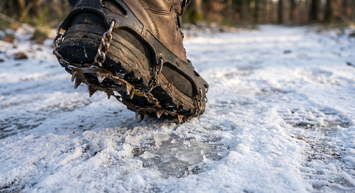A close-up photograph of a hiking boot fitted with microspikes standing on packed snowy trail with small ice patches, sharp metal spikes visible, shallow depth of field