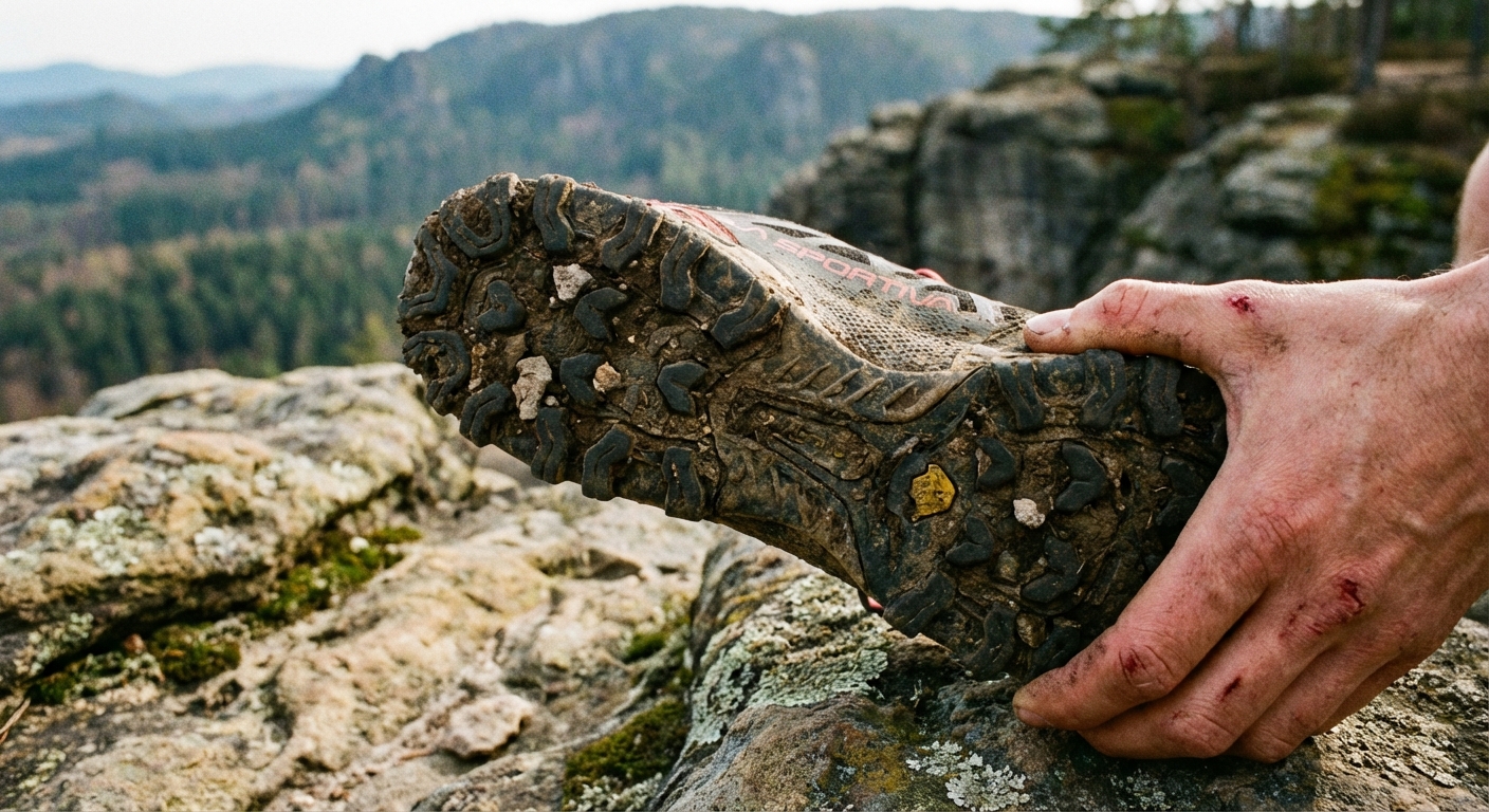 A close up photograph of the bottom of a trail running shoe held in a hand, showing deep lugs and sticky rubber tread outdoors on a rocky overlook, photorealistic