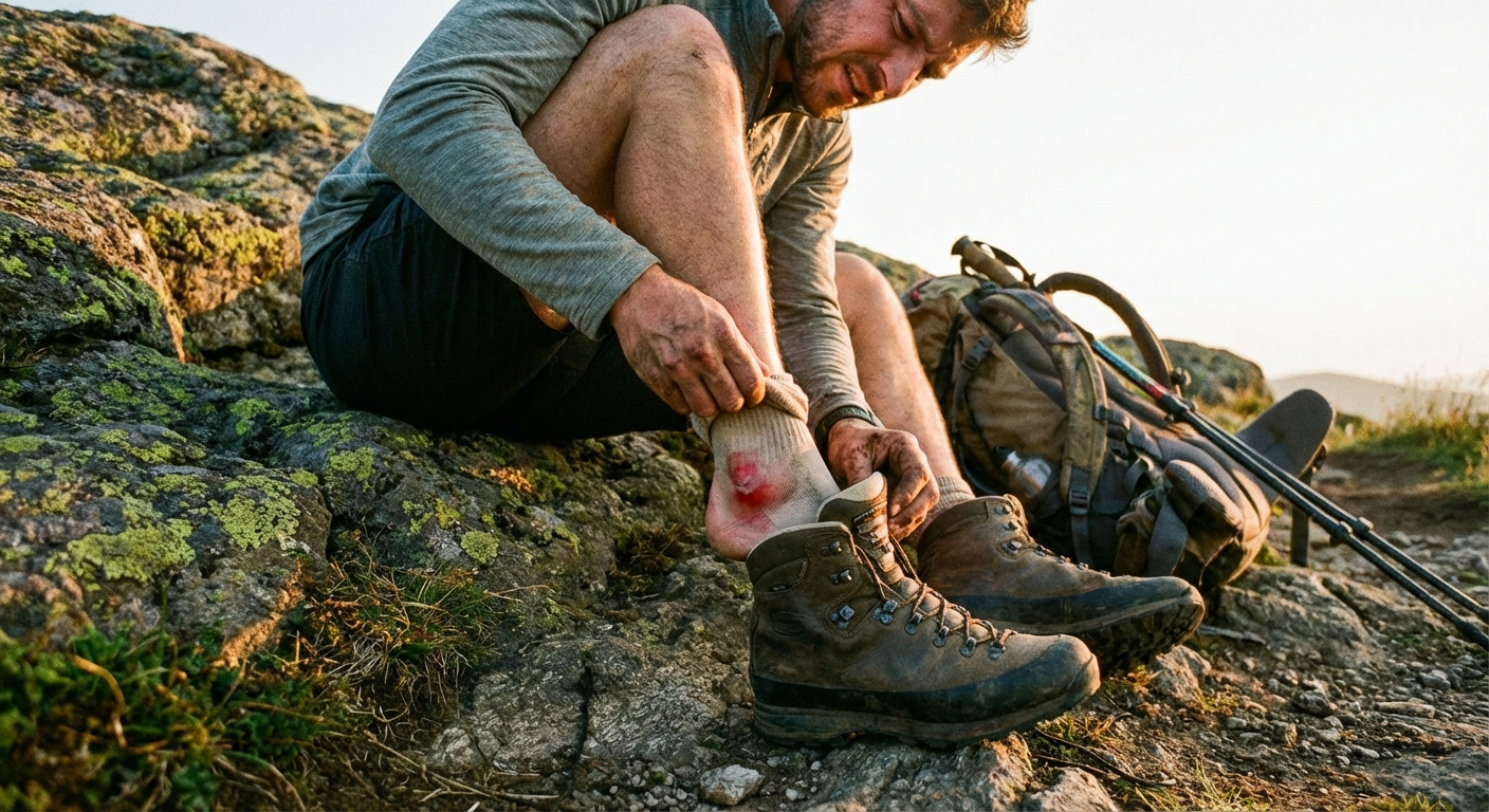 A close-up, photorealistic shot of a hiker sitting on a rocky trail removing a boot to check a reddened heel hot spot, with trekking poles and a backpack resting nearby in soft afternoon light