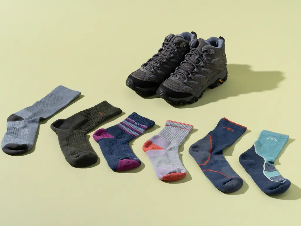 A close-up real photo of merino blend hiking socks being pulled on next to trail runners on a wooden bench at a trailhead