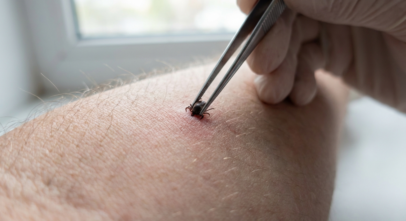 A close-up realistic photograph of fine-tipped tweezers carefully gripping a tick at the skin surface on a person's forearm, clinical natural lighting