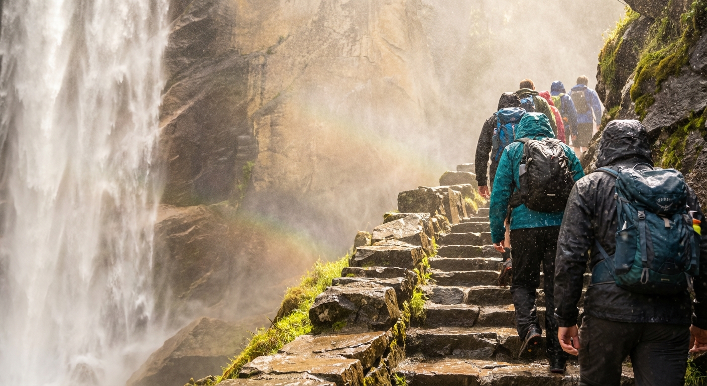 A close-up trail photograph of hikers climbing the Mist Trail stone steps beside Vernal Fall, with waterfall spray drifting across the path and sunlight catching the mist