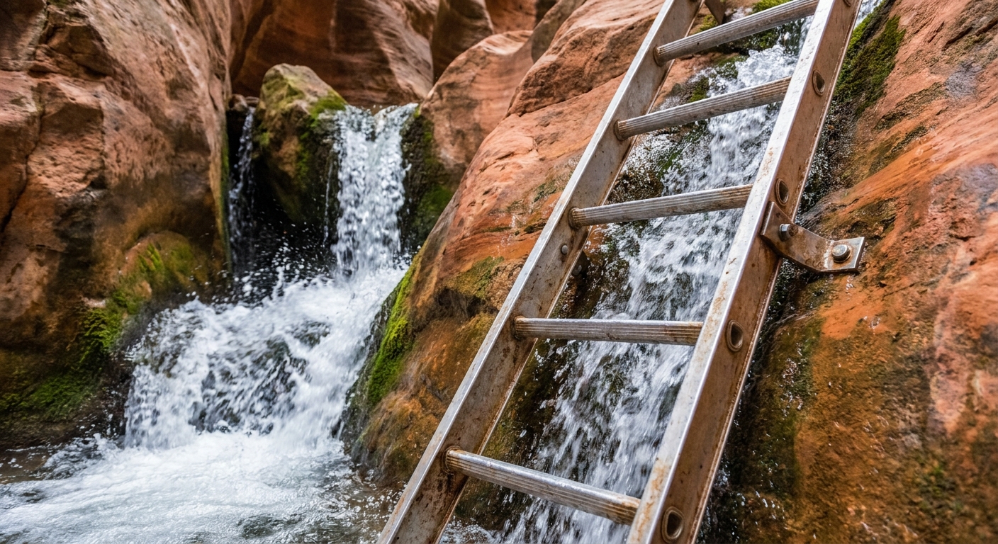 A close view of a metal ladder anchored to sandstone next to a small waterfall in Kanarraville Falls, with cold creek water flowing through a narrow slot canyon