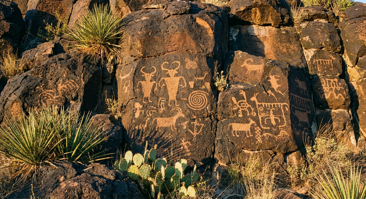 A close view of petroglyph carvings etched into dark volcanic basalt at Boca Negra Canyon in Albuquerque, with desert plants and warm late-day sunlight