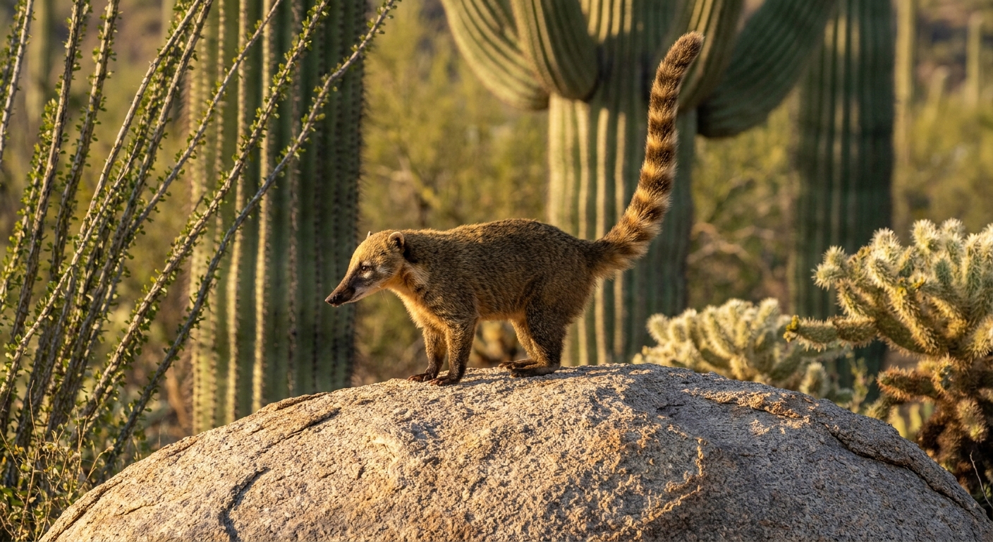 A coatimundi with a long snout and raised tail standing on a sunlit desert boulder in southern Arizona, realistic wildlife photography