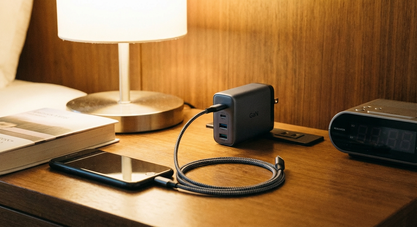 A compact multi-port USB-C GaN wall charger plugged into a hotel room outlet on a bedside table, with a phone charging cable connected, photorealistic travel photography