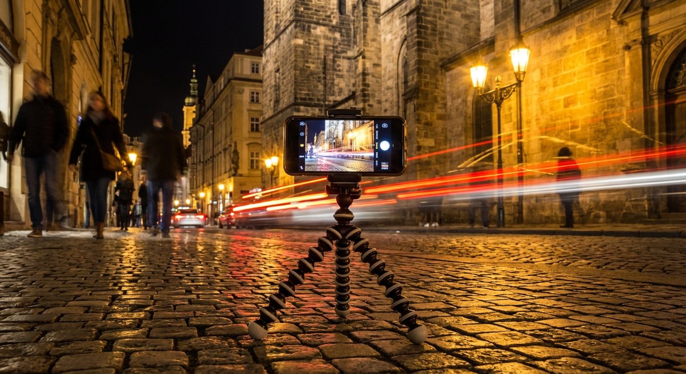 A compact phone tripod set up on a cobblestone street at night, capturing a long-exposure city scene with warm streetlights, photorealistic travel photography