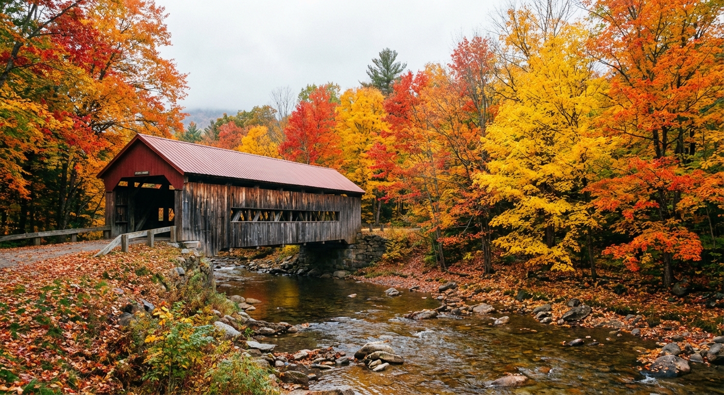 A covered bridge near Stowe, Vermont surrounded by bright yellow and red maple trees, a shallow river flowing beneath, soft overcast light, photorealistic autumn photography